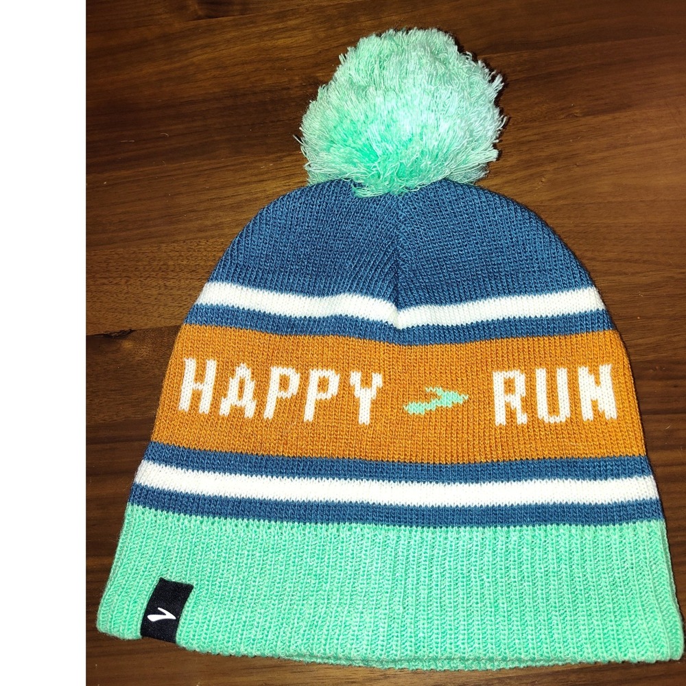 Brooks Heritage Pom Beanie Happy Run Knit Hat Blue Orange Teal 280476 OSFA